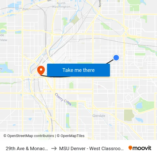 29th Ave & Monaco Pkwy to MSU Denver - West Classroom Building map