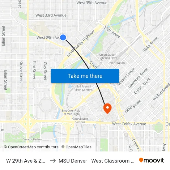 W 29th Ave & Zuni St to MSU Denver - West Classroom Building map