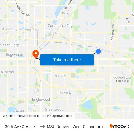 30th Ave & Abilene St to MSU Denver - West Classroom Building map