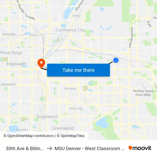 30th Ave & Billings St to MSU Denver - West Classroom Building map