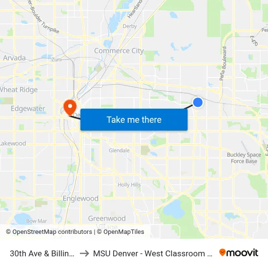 30th Ave & Billings St to MSU Denver - West Classroom Building map