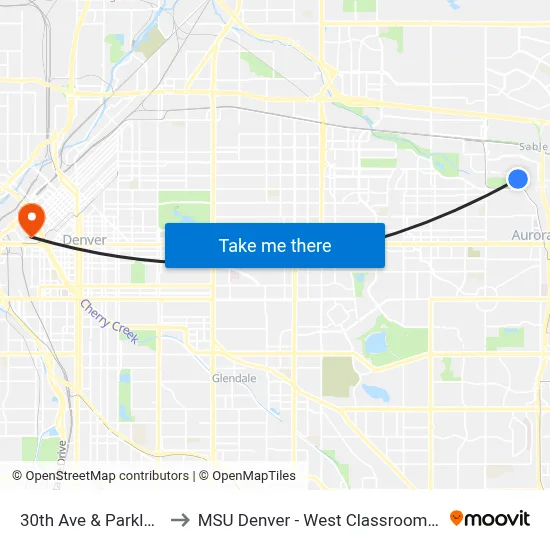 30th Ave & Parklane Dr to MSU Denver - West Classroom Building map