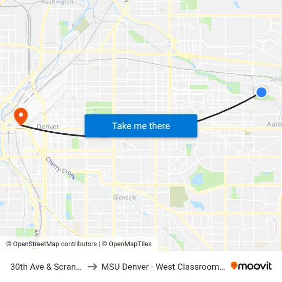 30th Ave & Scranton St to MSU Denver - West Classroom Building map