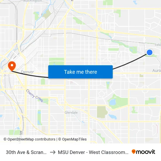 30th Ave & Scranton St to MSU Denver - West Classroom Building map