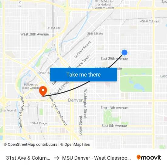 31st Ave & Columbine St to MSU Denver - West Classroom Building map