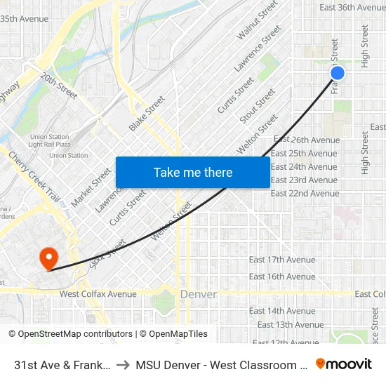 31st Ave & Franklin St to MSU Denver - West Classroom Building map
