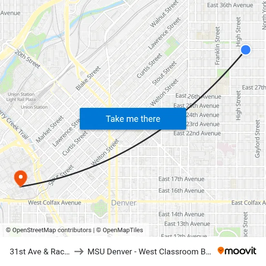 31st Ave & Race St to MSU Denver - West Classroom Building map