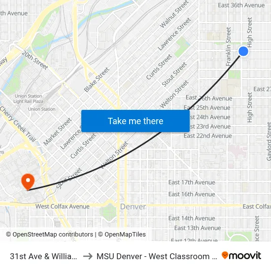 31st Ave & Williams St to MSU Denver - West Classroom Building map