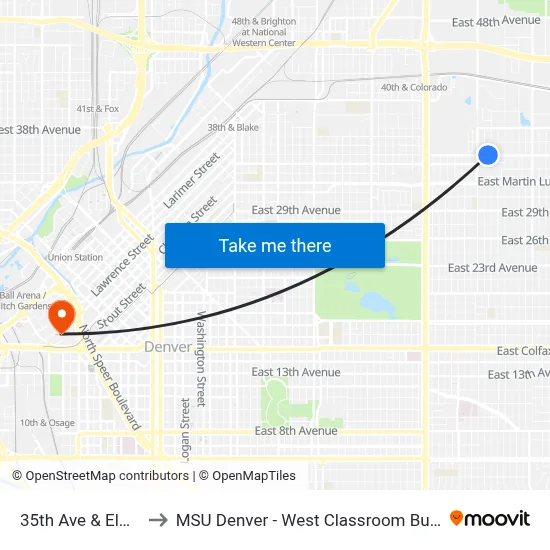 35th Ave & Elm St to MSU Denver - West Classroom Building map