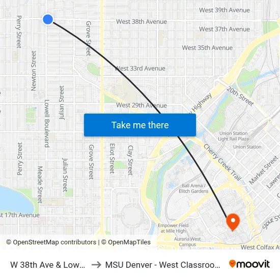 W 38th Ave & Lowell Blvd to MSU Denver - West Classroom Building map