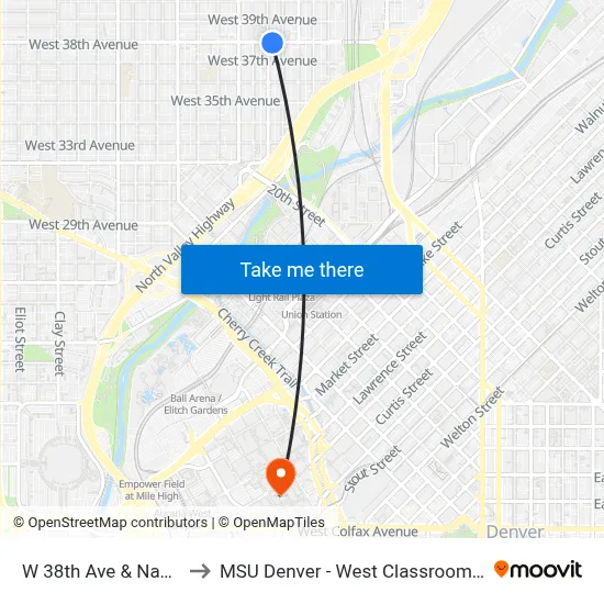 W 38th Ave & Navajo St to MSU Denver - West Classroom Building map