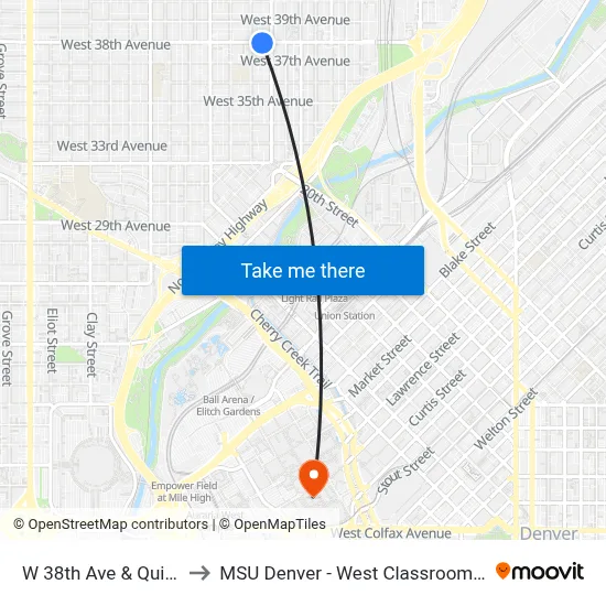 W 38th Ave & Quivas St to MSU Denver - West Classroom Building map