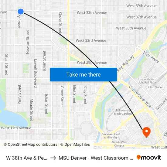 W 38th Ave & Perry St to MSU Denver - West Classroom Building map