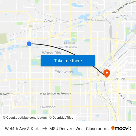 W 44th Ave & Kipling St to MSU Denver - West Classroom Building map
