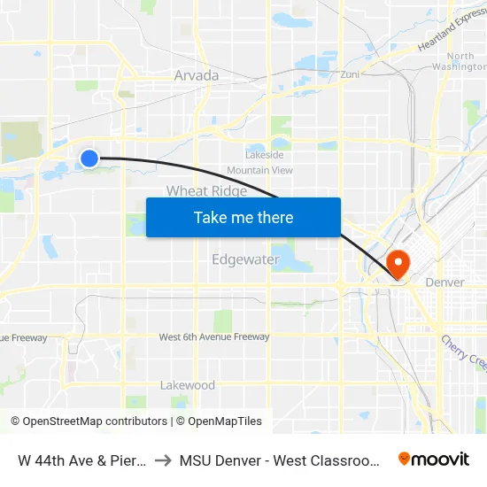 W 44th Ave & Pierson St to MSU Denver - West Classroom Building map