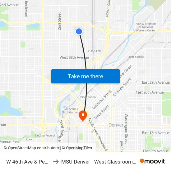 W 46th Ave & Pecos St to MSU Denver - West Classroom Building map