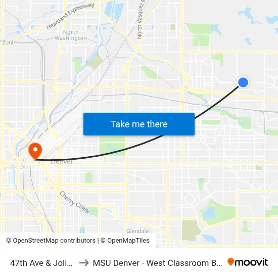 47th Ave & Joliet St to MSU Denver - West Classroom Building map
