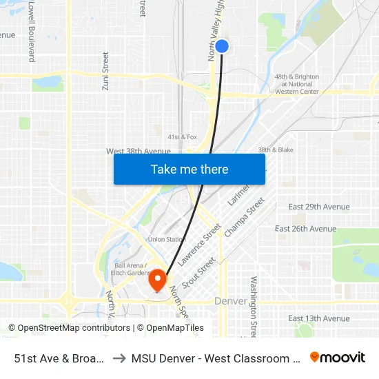 51st Ave & Broadway to MSU Denver - West Classroom Building map
