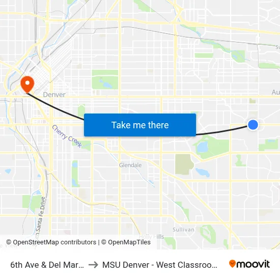 6th Ave & Del Mar Cir W to MSU Denver - West Classroom Building map