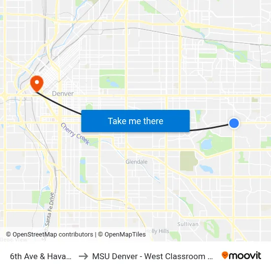 6th Ave & Havana St to MSU Denver - West Classroom Building map
