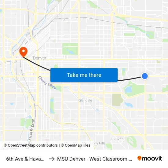 6th Ave & Havana St to MSU Denver - West Classroom Building map
