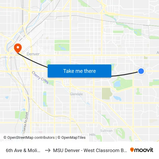 6th Ave & Moline St to MSU Denver - West Classroom Building map