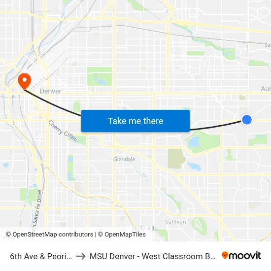 6th Ave & Peoria St to MSU Denver - West Classroom Building map