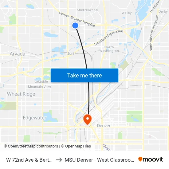 W 72nd Ave & Berthoud St to MSU Denver - West Classroom Building map