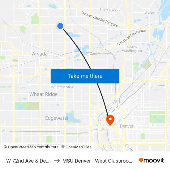 W 72nd Ave & Depew St to MSU Denver - West Classroom Building map