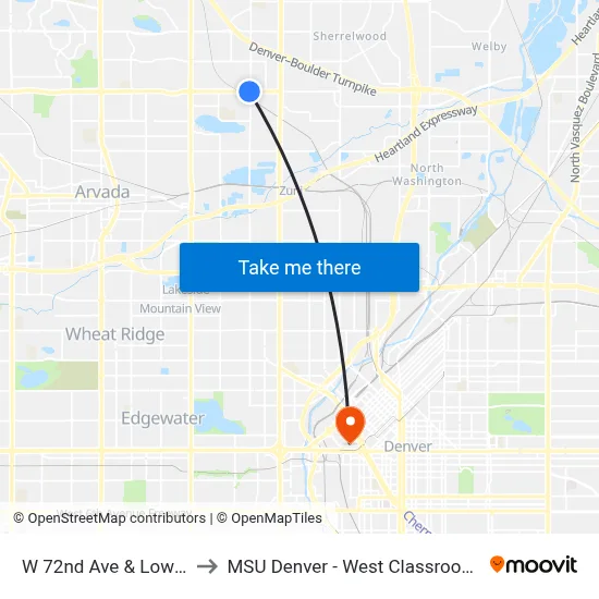 W 72nd Ave & Lowell Blvd to MSU Denver - West Classroom Building map