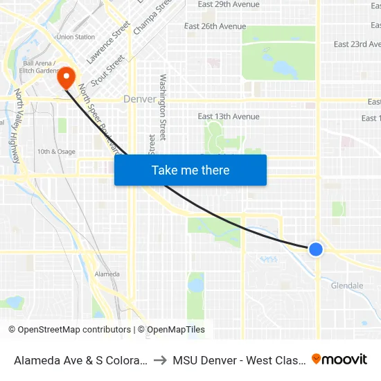 Alameda Ave & S Colorado Blvd Farside to MSU Denver - West Classroom Building map