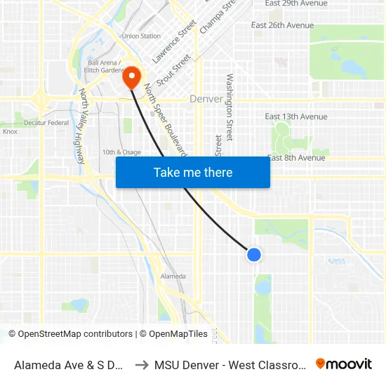 Alameda Ave & S Downing St to MSU Denver - West Classroom Building map