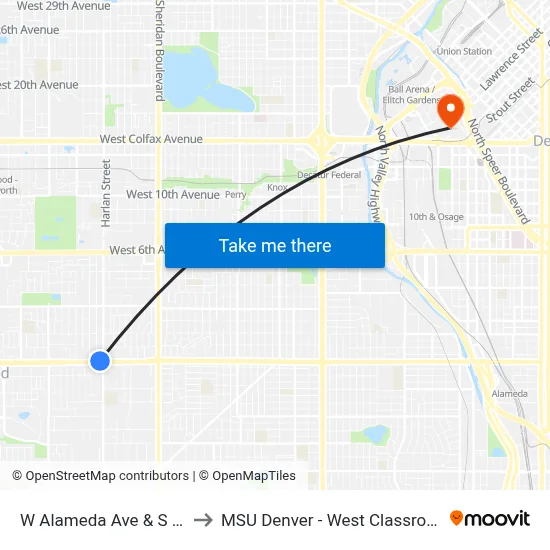 W Alameda Ave & S Harlan St to MSU Denver - West Classroom Building map