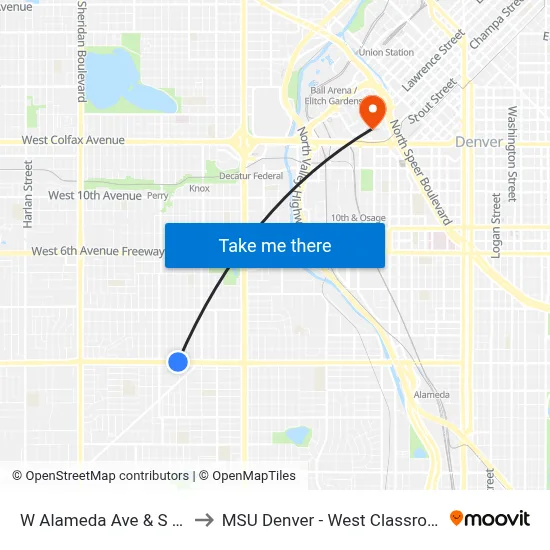W Alameda Ave & S Meade St to MSU Denver - West Classroom Building map