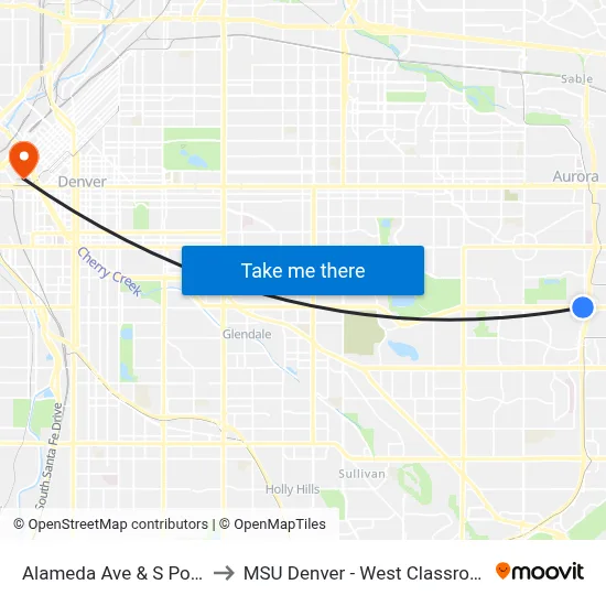 Alameda Ave & S Potomac St to MSU Denver - West Classroom Building map