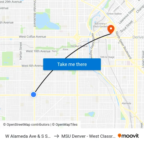 W Alameda Ave & S Sheridan Blvd to MSU Denver - West Classroom Building map
