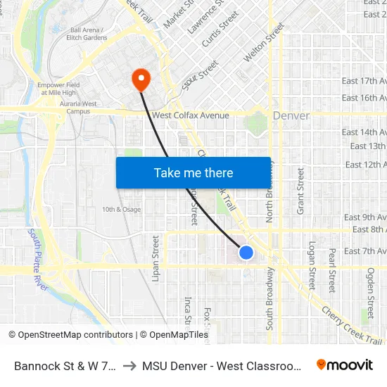 Bannock St & W 7th Ave to MSU Denver - West Classroom Building map
