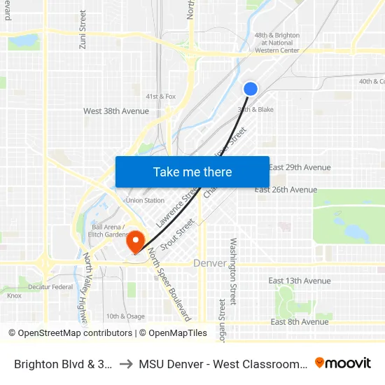 Brighton Blvd & 38th St to MSU Denver - West Classroom Building map