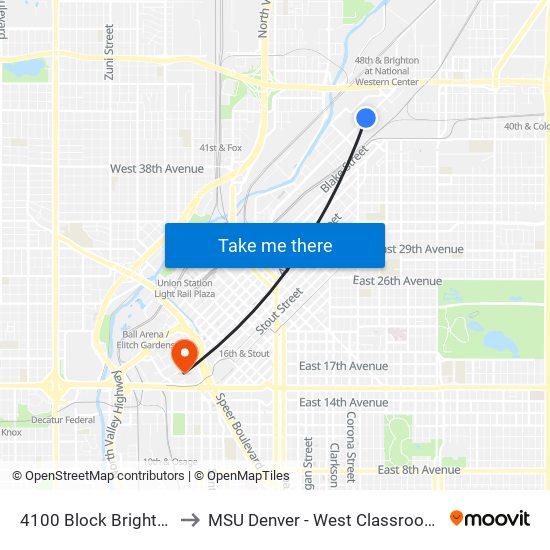 4100 Block Brighton Blvd to MSU Denver - West Classroom Building map