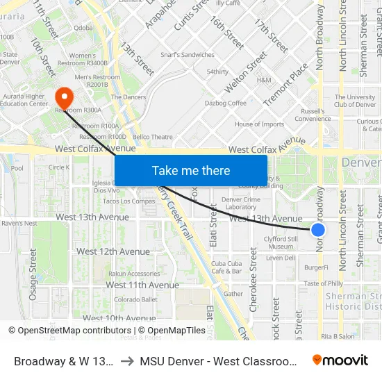 Broadway & W 13th Ave to MSU Denver - West Classroom Building map
