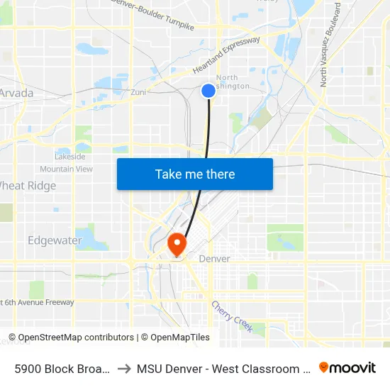 5900 Block Broadway to MSU Denver - West Classroom Building map