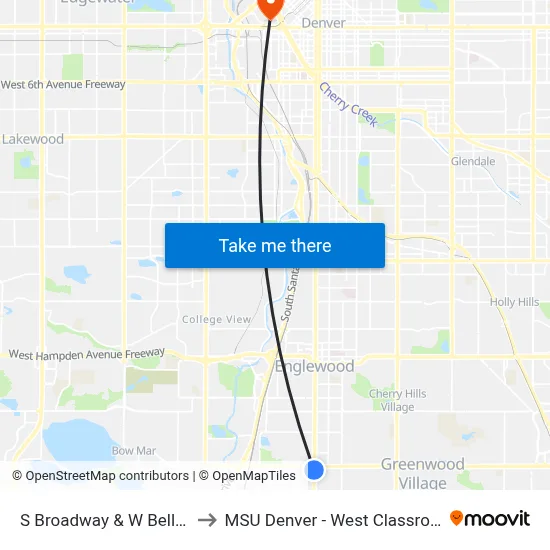 S Broadway & W Belleview Ave to MSU Denver - West Classroom Building map