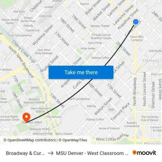 Broadway & Curtis St to MSU Denver - West Classroom Building map
