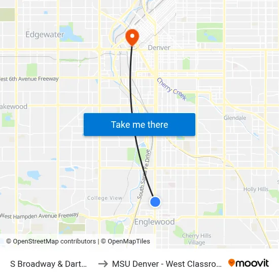 S Broadway & Dartmouth Ave to MSU Denver - West Classroom Building map