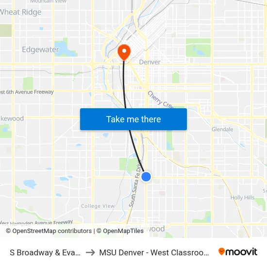 S Broadway & Evans Ave to MSU Denver - West Classroom Building map