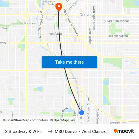 S Broadway & W Florida Ave to MSU Denver - West Classroom Building map