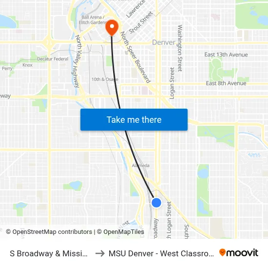 S Broadway & Mississippi Ave to MSU Denver - West Classroom Building map
