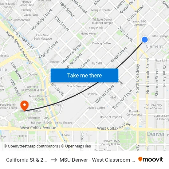 California St & 21st St to MSU Denver - West Classroom Building map