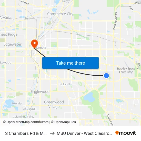S Chambers Rd & Mexico Ave to MSU Denver - West Classroom Building map