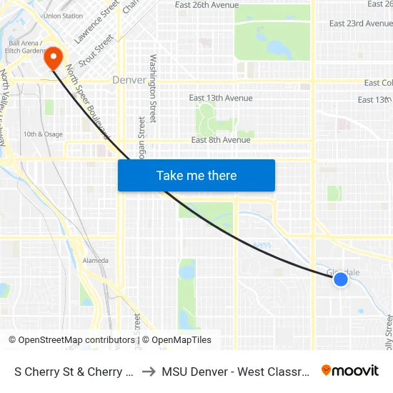 S Cherry St & Cherry Creek S Dr to MSU Denver - West Classroom Building map